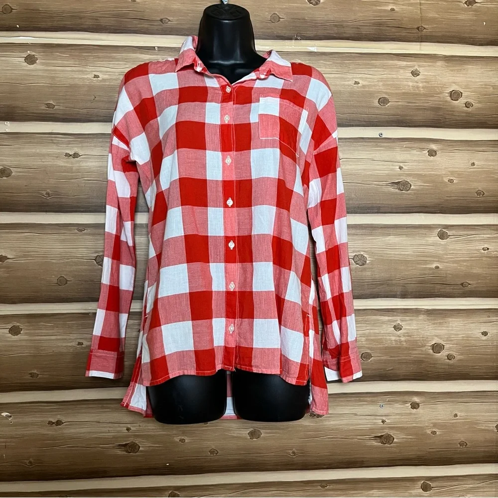 5/$25 Old navy girl long sleeve bottoms down‎ red white plaid shirt size 14 XL